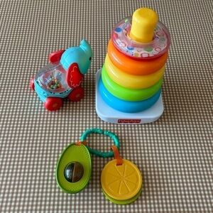 Fisher Price toy bundle. Poppity Pop elephant/stacking rings/ avocado rattle